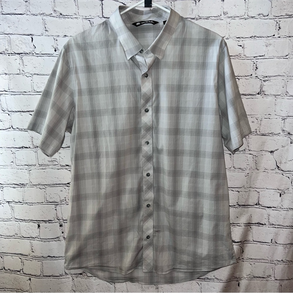Travis Mathew Men's Gray Checkered Short Sleeve Shirt Size Large